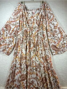 Flying Tomato Women’s Paisley Floral Off Shoulder Tiered Maxi Dress Boho Size M